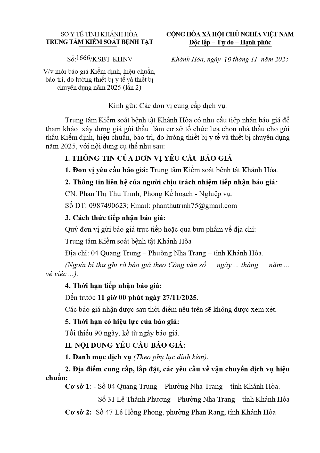 V/v mời báo giá Kiểm định, hiệu chuẩn, bảo trì, đo lường thiết bị y tế và thiết bị chuyên dụng năm 2025 (lần 2)